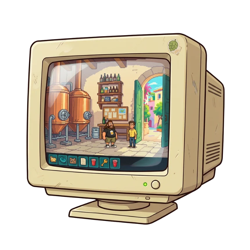 Retro CRT monitor showing the brewery in pixel art